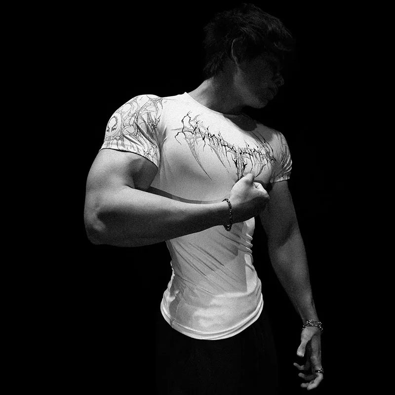 Men's Dark Gothic Print Muscle Tee High Elasticity And Quick Drying Exercise For Bodybuilding Training 2025 Summer GYM T-shirt