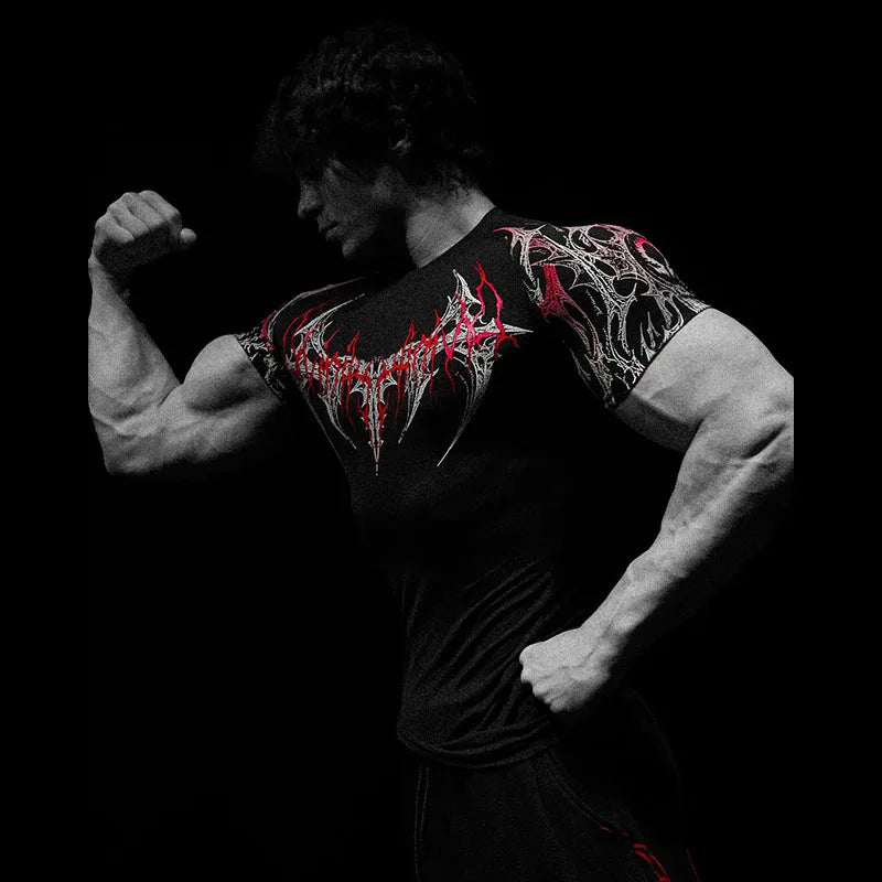 Men's Dark Gothic Print Muscle Tee High Elasticity And Quick Drying Exercise For Bodybuilding Training 2025 Summer GYM T-shirt