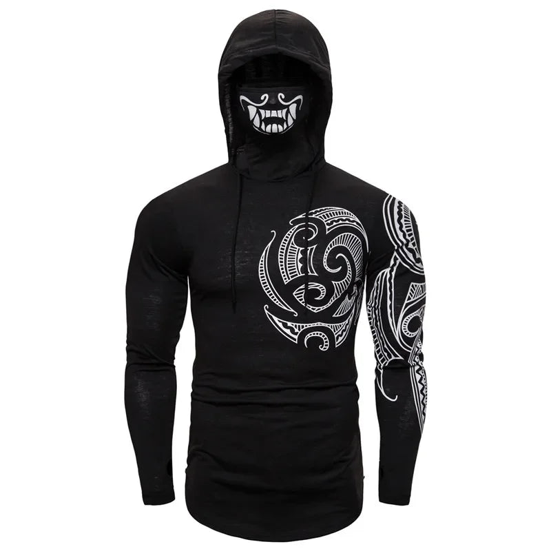 Men Trend With Mask Hood Sweatshirt Elastic Fitness Tattoo Print Hooded Sweat Homme Mens Hip Hop Sudadera Ninja Suit Streetwear