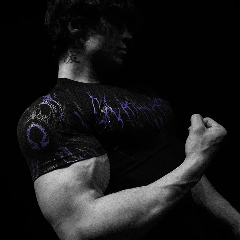 Men's Dark Gothic Print Muscle Tee High Elasticity And Quick Drying Exercise For Bodybuilding Training 2025 Summer GYM T-shirt