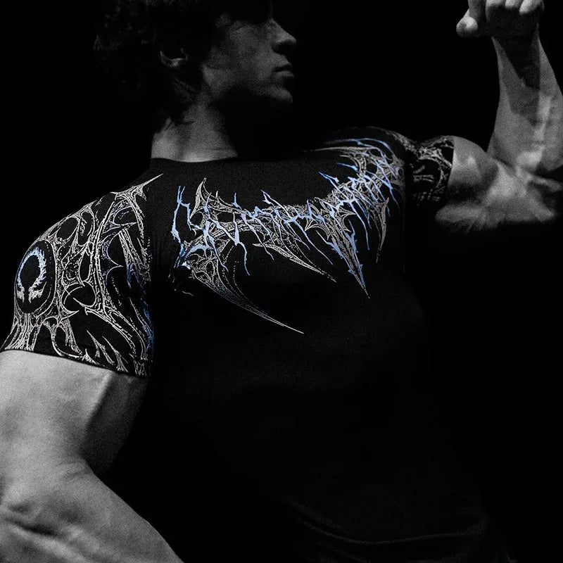 Men's Dark Gothic Print Muscle Tee High Elasticity And Quick Drying Exercise For Bodybuilding Training 2025 Summer GYM T-shirt