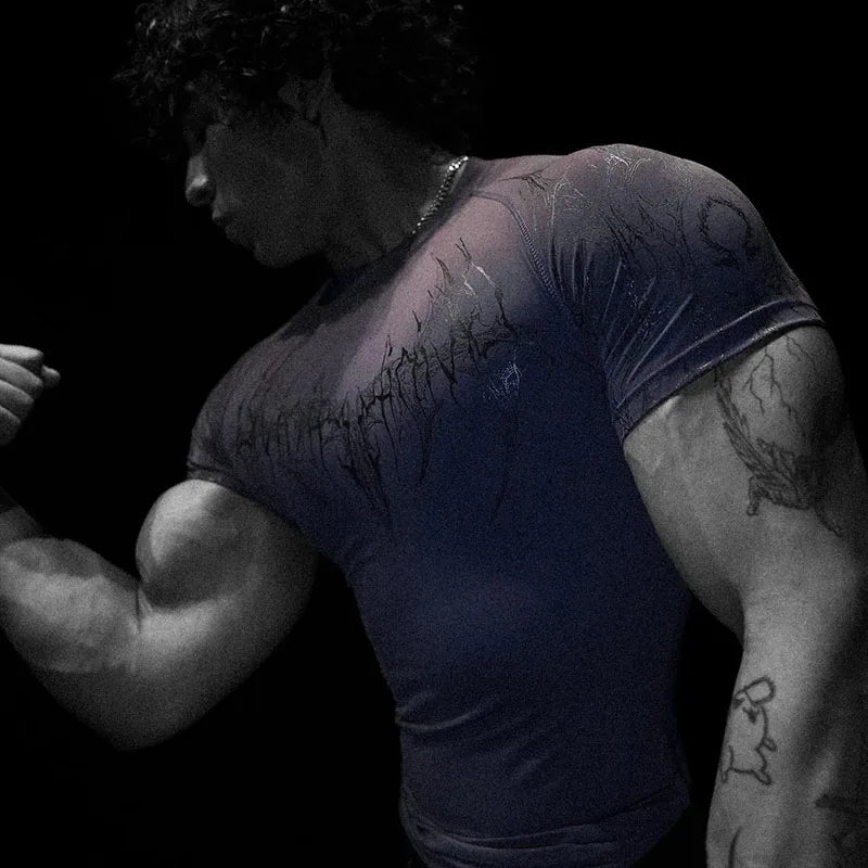 Men's Dark Gothic Print Muscle Tee High Elasticity And Quick Drying Exercise For Bodybuilding Training 2025 Summer GYM T-shirt