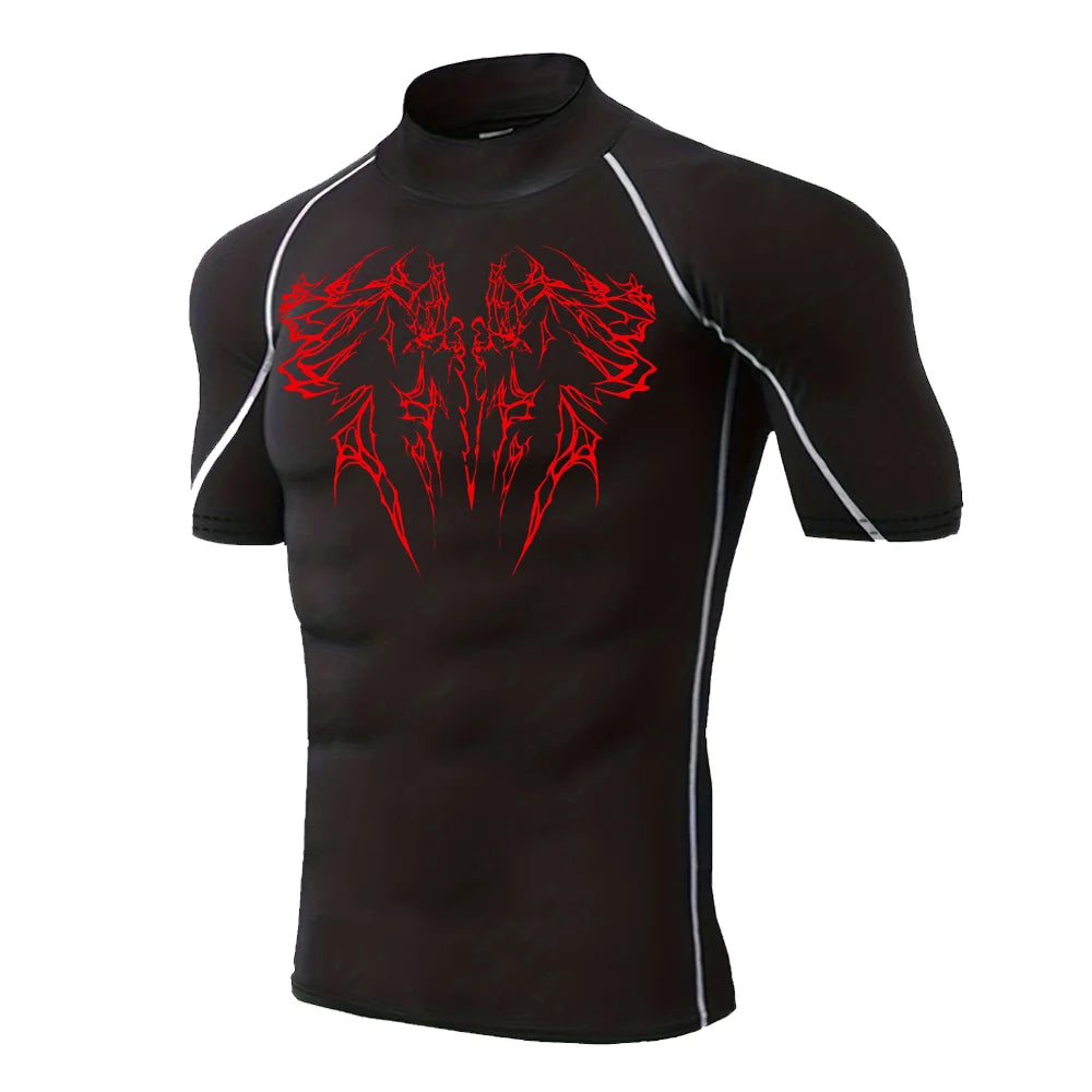 Men's Gothic Printed T-shirt Gym Exercise Tights Quick Dry Running Sport Short Sleeve Breathable Elastic Top S-3XL