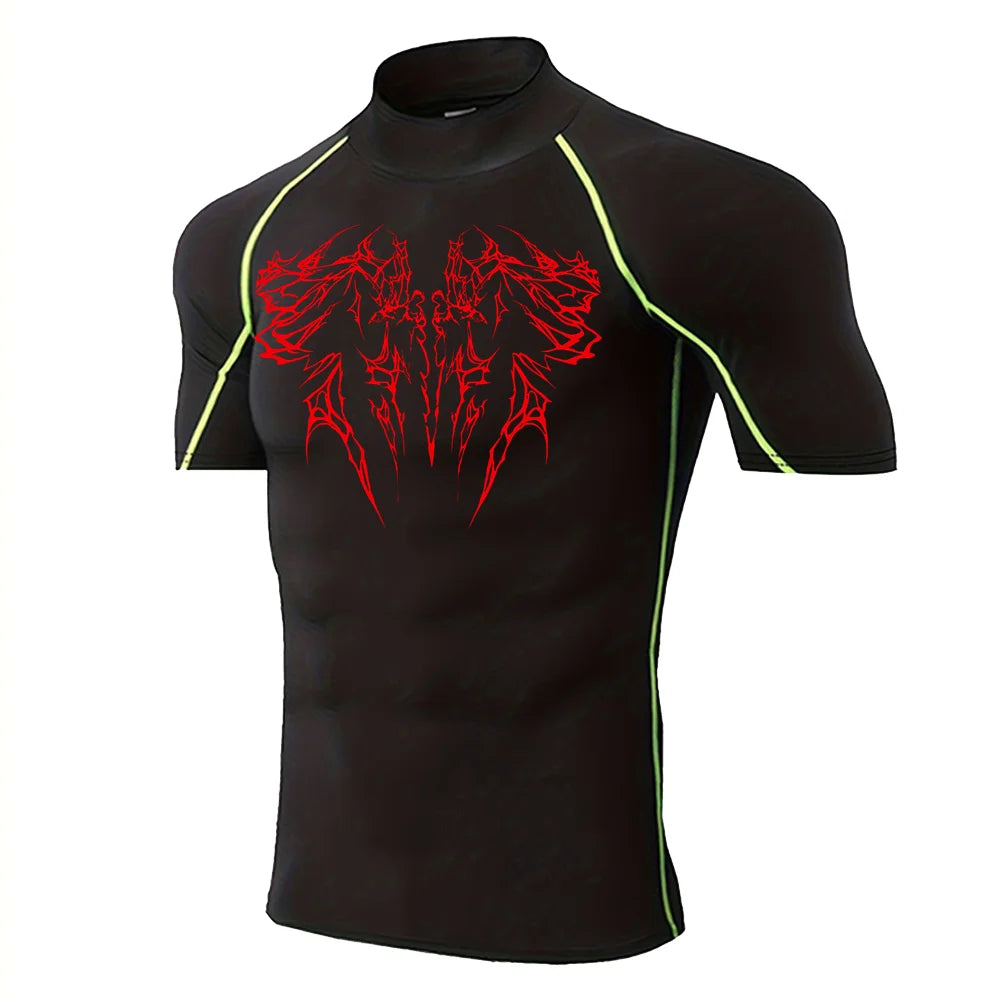 Men's Gothic Printed T-shirt Gym Exercise Tights Quick Dry Running Sport Short Sleeve Breathable Elastic Top S-3XL