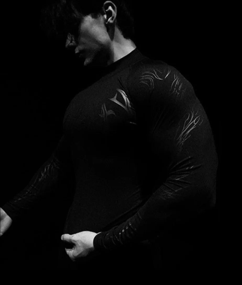 Men's High Neck Long Sleeved T-shirt With Gothic Abstract Pattern Printed Motorcycle Cyberpunk Style Street Long Sleeved T-shirt