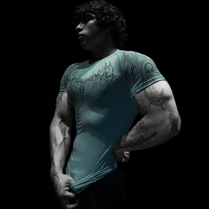 Men's Dark Gothic Print Muscle Tee High Elasticity And Quick Drying Exercise For Bodybuilding Training 2025 Summer GYM T-shirt