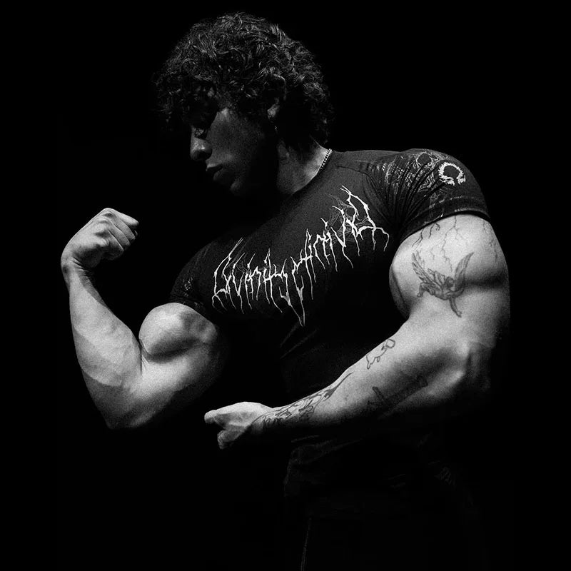 Men's Dark Gothic Print Muscle Tee High Elasticity And Quick Drying Exercise For Bodybuilding Training 2025 Summer GYM T-shirt