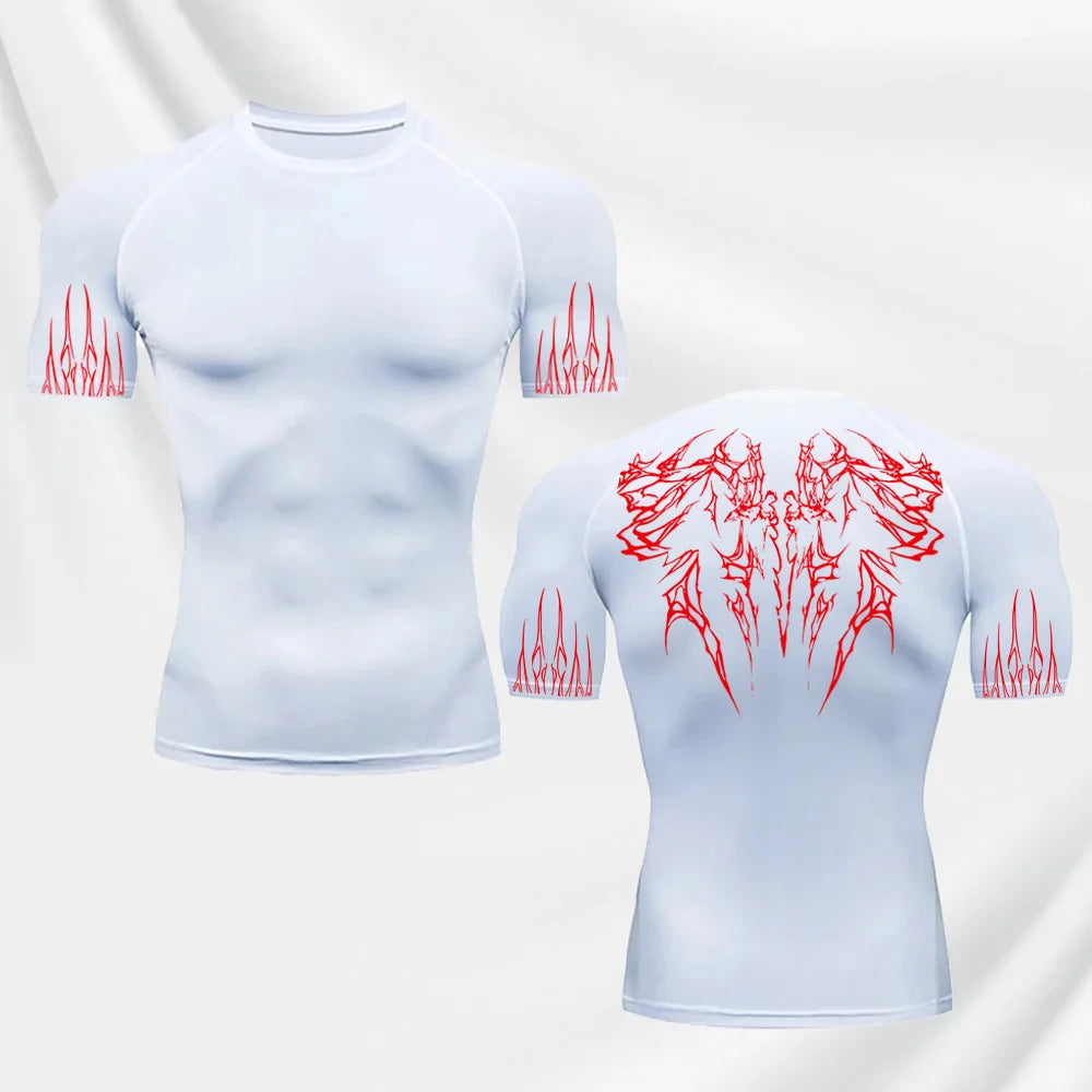 Men's Gothic Printed T-shirt Gym Exercise Tights Quick Dry Running Sport Short Sleeve Breathable Elastic Top S-3XL