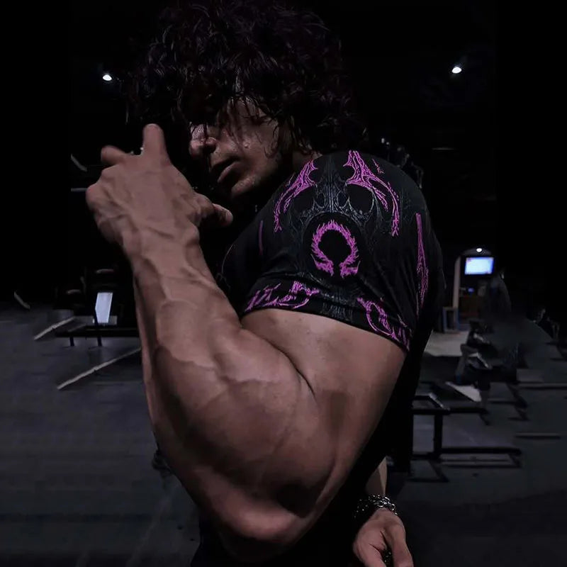 Men's Dark Gothic Print Muscle Tee High Elasticity And Quick Drying Exercise For Bodybuilding Training 2025 Summer GYM T-shirt