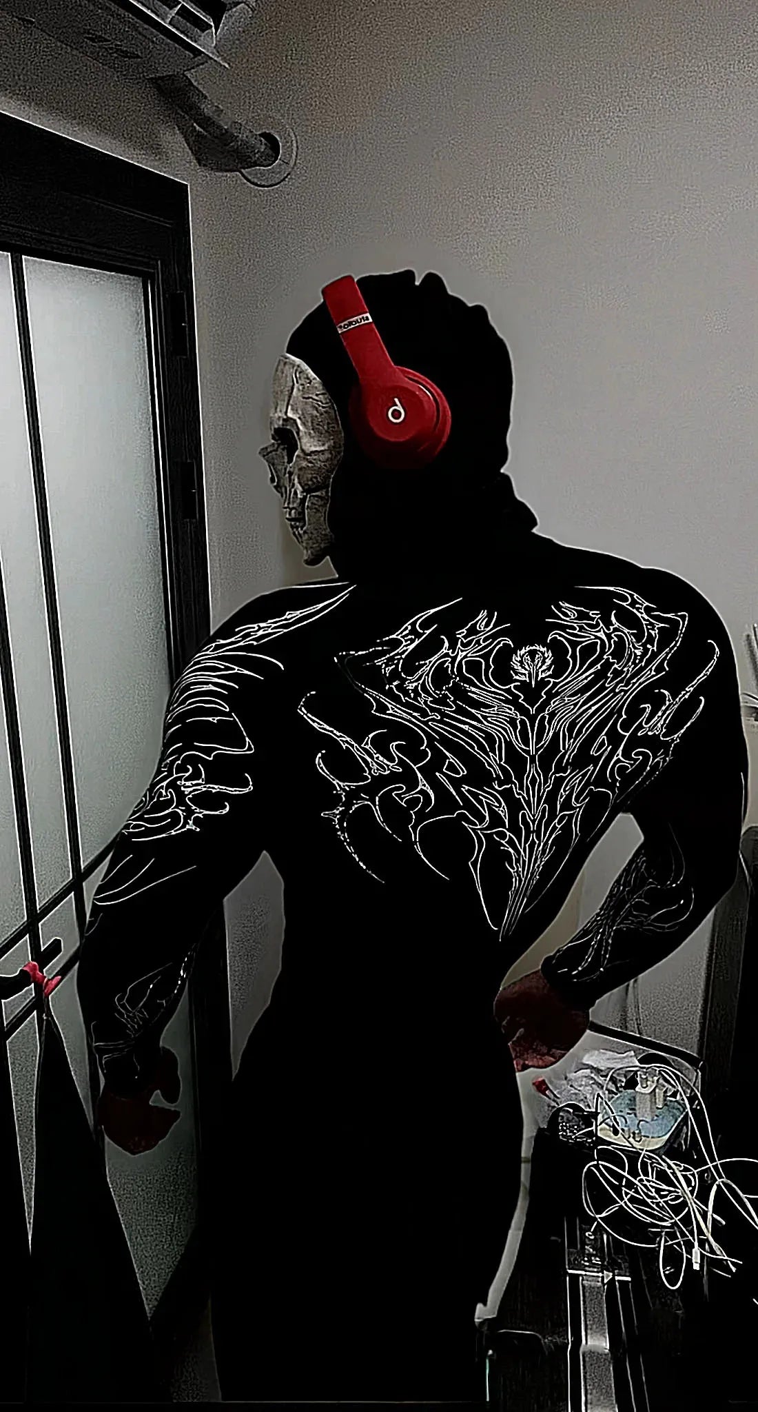 Men's High Neck Long Sleeved T-shirt With Gothic Abstract Pattern Printed Motorcycle Cyberpunk Style Street Long Sleeved T-shirt