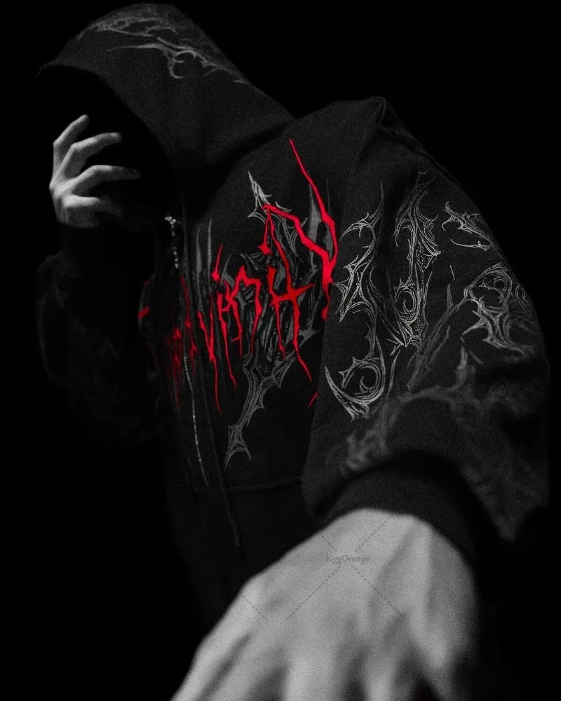 American Dark Style Clothing Retro Striped Fashionable Zipper Hoodie Men Harajuku Y2K Gothpunk Casual Loose Sweatshirt Women