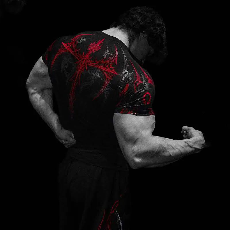 Men's Dark Gothic Print Muscle Tee High Elasticity And Quick Drying Exercise For Bodybuilding Training 2025 Summer GYM T-shirt