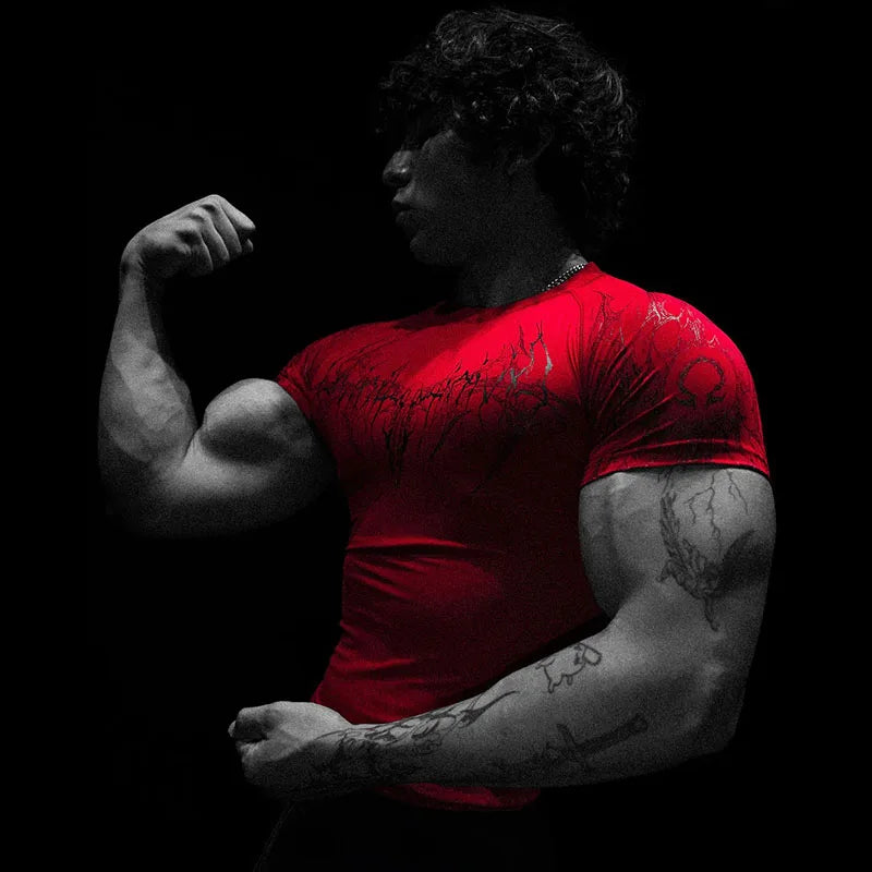 Men's Dark Gothic Print Muscle Tee High Elasticity And Quick Drying Exercise For Bodybuilding Training 2025 Summer GYM T-shirt