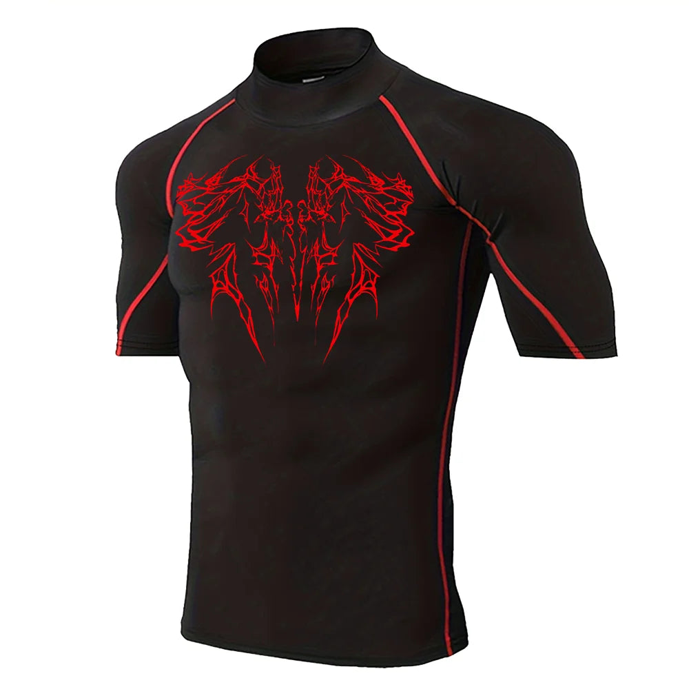 Men's Gothic Printed T-shirt Gym Exercise Tights Quick Dry Running Sport Short Sleeve Breathable Elastic Top S-3XL