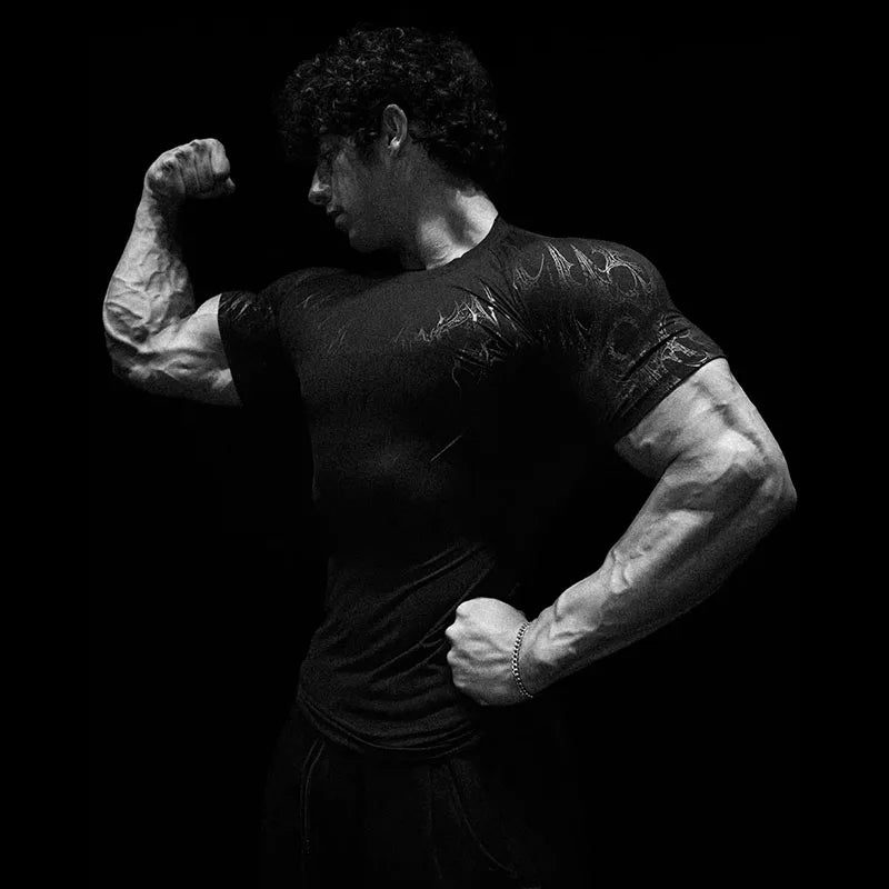 Men's Dark Gothic Print Muscle Tee High Elasticity And Quick Drying Exercise For Bodybuilding Training 2025 Summer GYM T-shirt