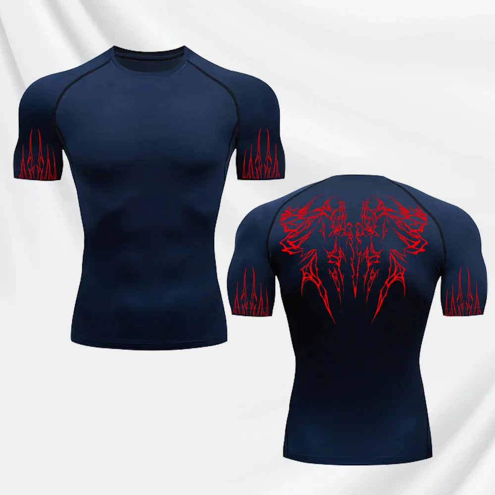 Men's Gothic Printed T-shirt Gym Exercise Tights Quick Dry Running Sport Short Sleeve Breathable Elastic Top S-3XL