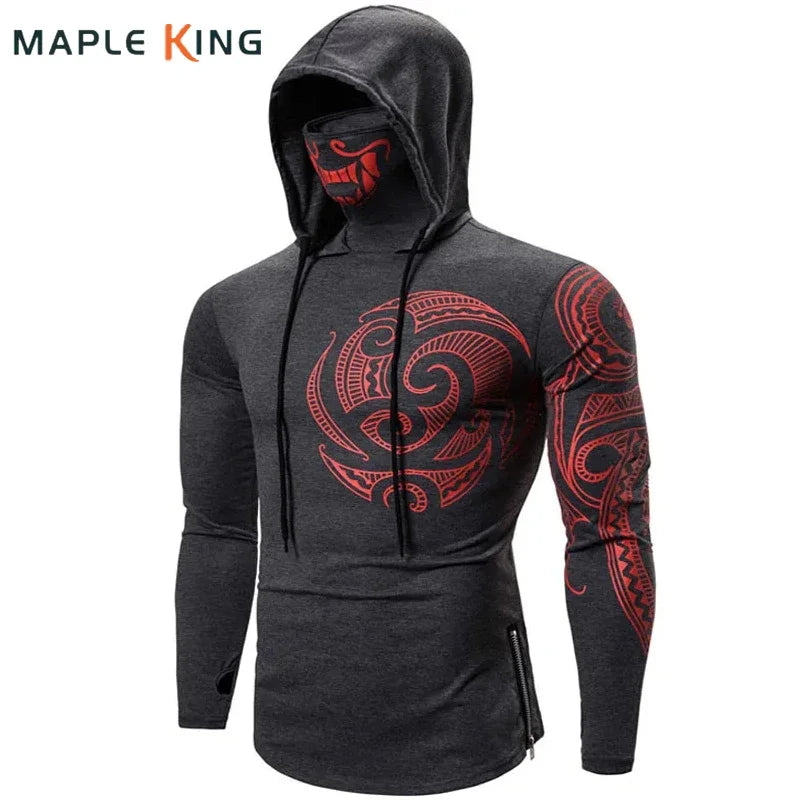 Men Trend With Mask Hood Sweatshirt Elastic Fitness Tattoo Print Hooded Sweat Homme Mens Hip Hop Sudadera Ninja Suit Streetwear