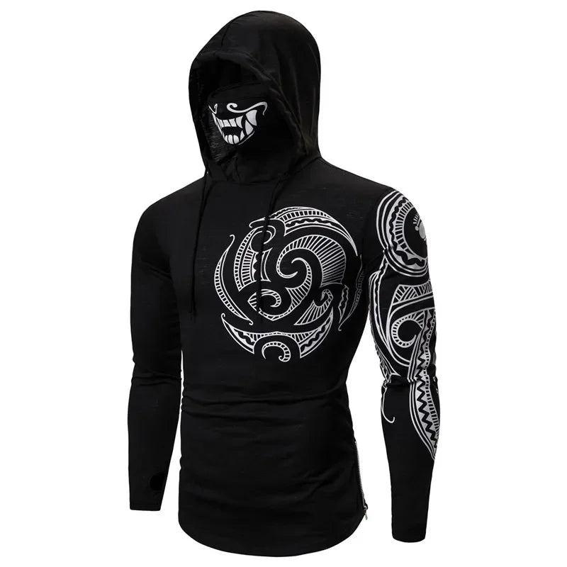 Men Trend With Mask Hood Sweatshirt Elastic Fitness Tattoo Print Hooded Sweat Homme Mens Hip Hop Sudadera Ninja Suit Streetwear