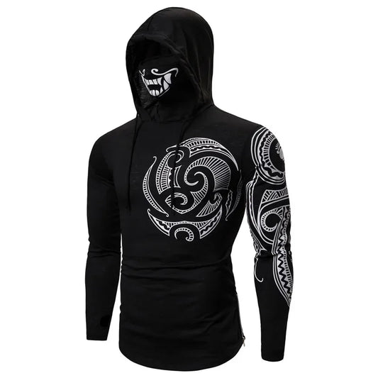 Men Trend With Mask Hood Sweatshirt Elastic Fitness Tattoo Print Hooded Sweat Homme Mens Hip Hop Sudadera Ninja Suit Streetwear
