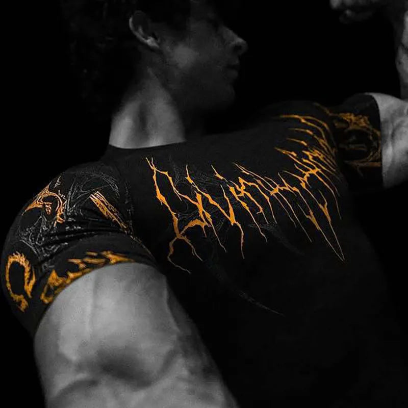 Men's Dark Gothic Print Muscle Tee High Elasticity And Quick Drying Exercise For Bodybuilding Training 2025 Summer GYM T-shirt