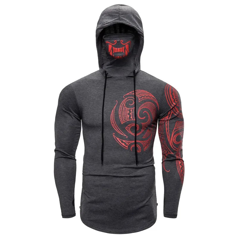 Men Trend With Mask Hood Sweatshirt Elastic Fitness Tattoo Print Hooded Sweat Homme Mens Hip Hop Sudadera Ninja Suit Streetwear