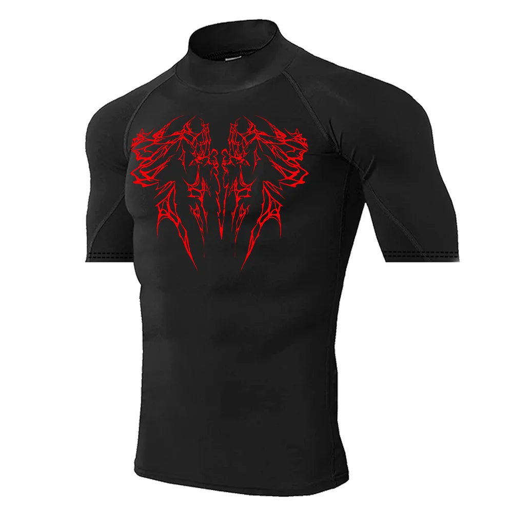 Men's Gothic Printed T-shirt Gym Exercise Tights Quick Dry Running Sport Short Sleeve Breathable Elastic Top S-3XL