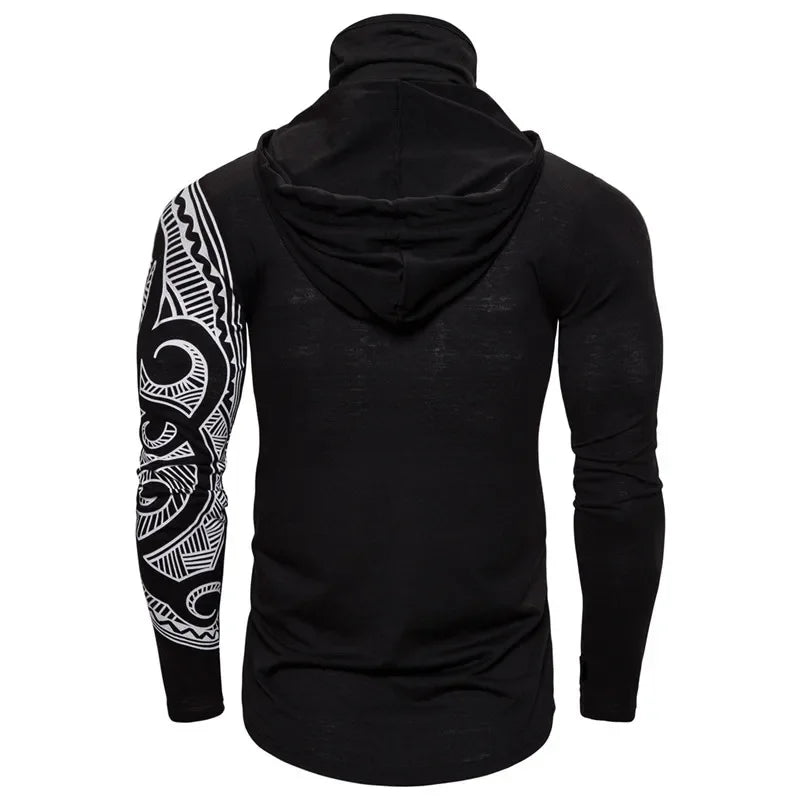 Men Trend With Mask Hood Sweatshirt Elastic Fitness Tattoo Print Hooded Sweat Homme Mens Hip Hop Sudadera Ninja Suit Streetwear