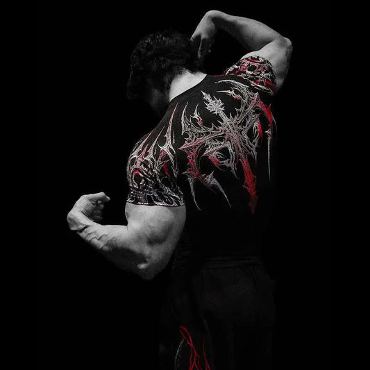 Men's Dark Gothic Print Muscle Tee High Elasticity And Quick Drying Exercise For Bodybuilding Training 2025 Summer GYM T-shirt