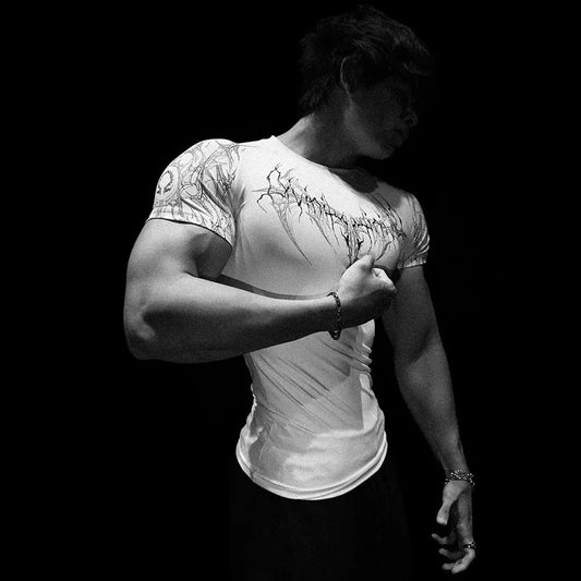Men's Dark Gothic Print Muscle Tee High Elasticity And Quick Drying Exercise For Bodybuilding Training 2025 Summer GYM T-shirt