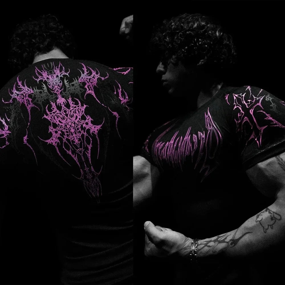 Breathedivinity American Style Fitness Men's T-shirt Quick Dry Elastic Body Suit Dark Style Sportswear Breathable Summer Top