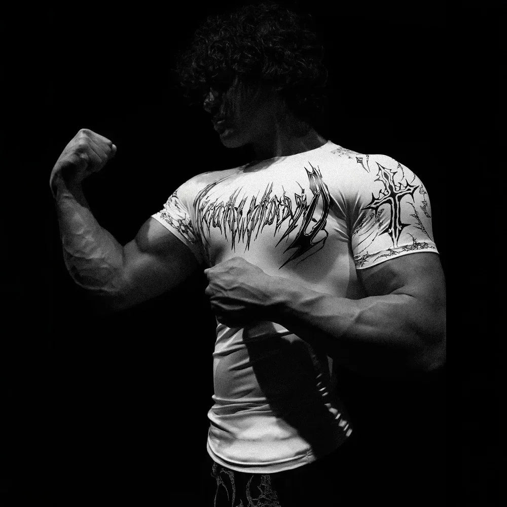Breathedivinity American Style Fitness Men's T-shirt Quick Dry Elastic Body Suit Dark Style Sportswear Breathable Summer Top