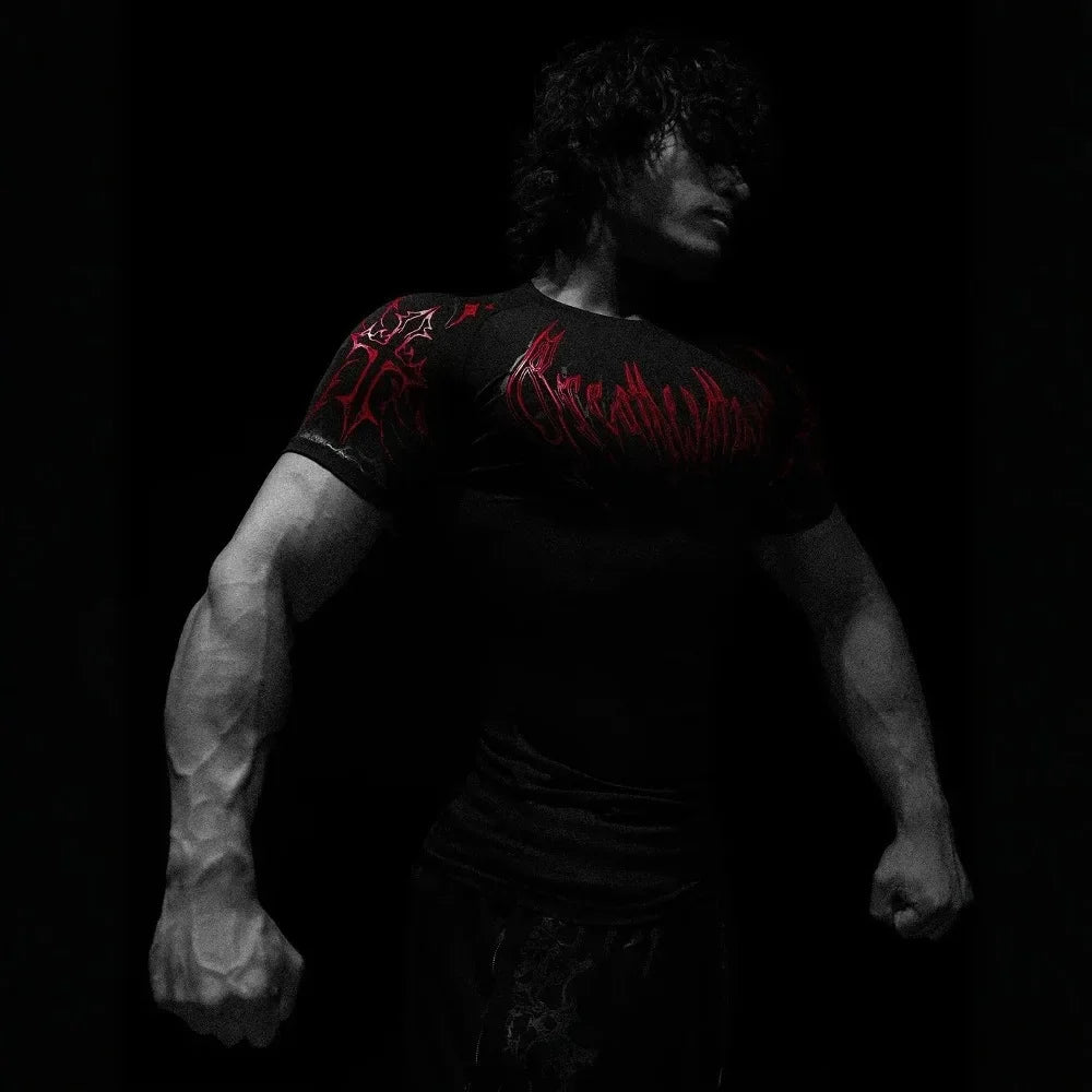 Breathedivinity American Style Fitness Men's T-shirt Quick Dry Elastic Body Suit Dark Style Sportswear Breathable Summer Top