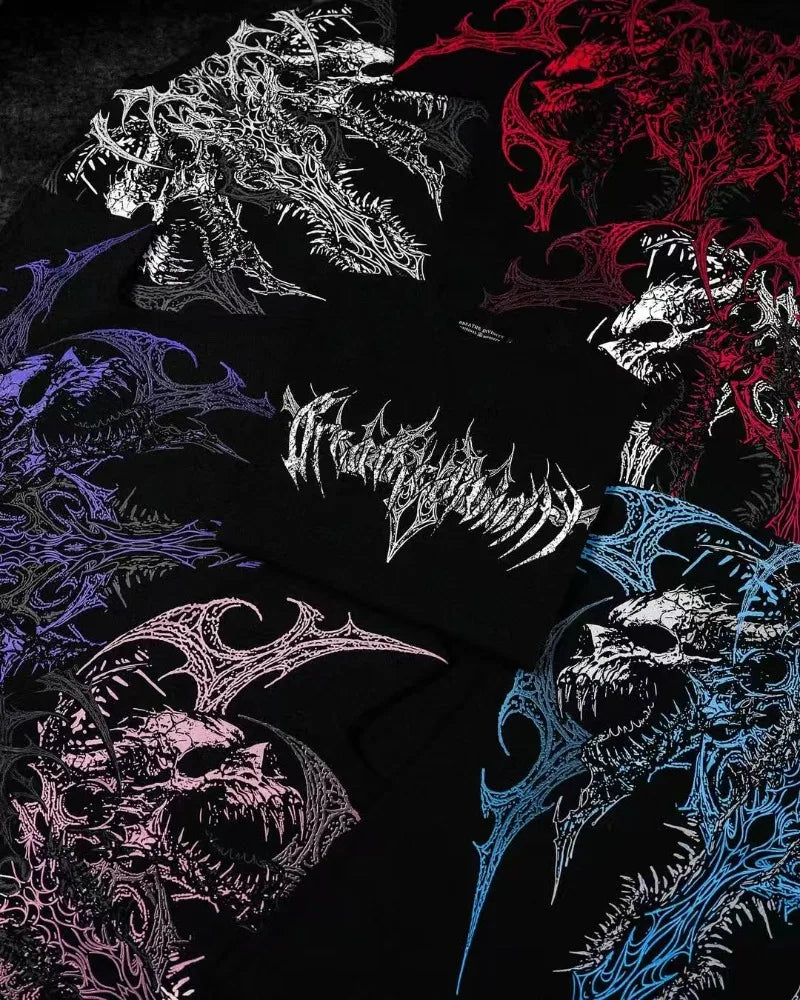 Streetwear fashion Harajuku Goth skeleton dark men shirt 2025 Y2K large pattern hip-hop casual short-sleeved trend loose T-shirt