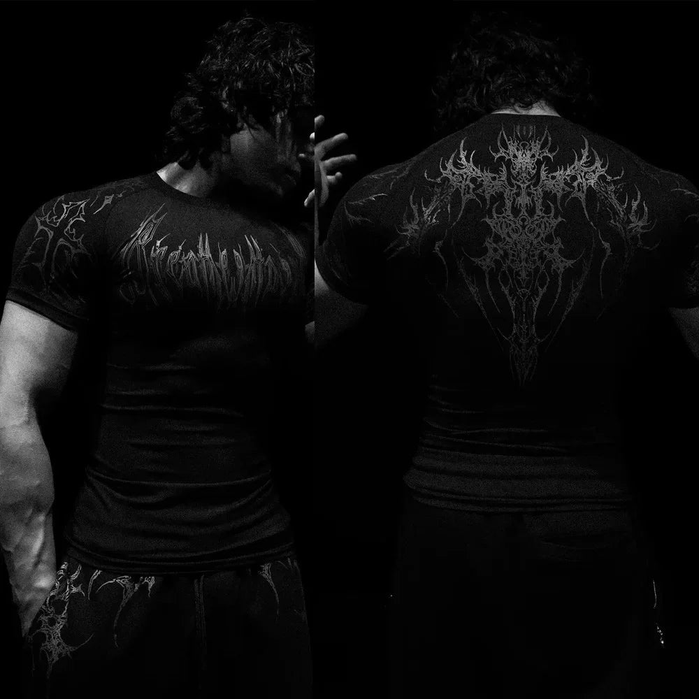 Breathedivinity American Style Fitness Men's T-shirt Quick Dry Elastic Body Suit Dark Style Sportswear Breathable Summer Top
