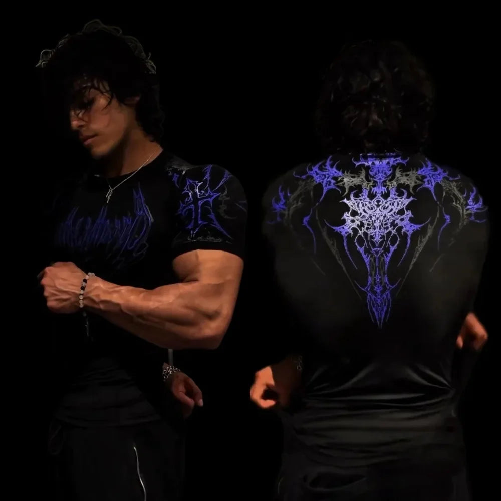 Breathedivinity American Style Fitness Men's T-shirt Quick Dry Elastic Body Suit Dark Style Sportswear Breathable Summer Top