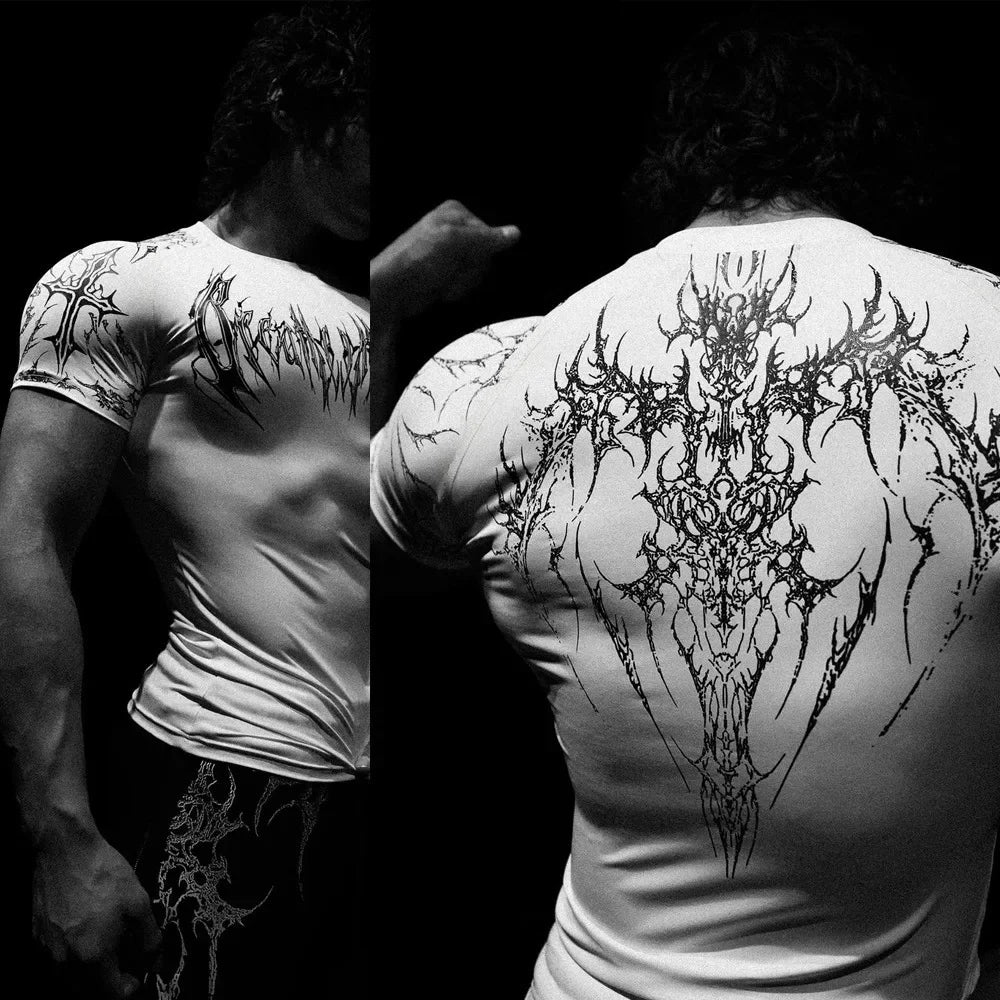 Breathedivinity American Style Fitness Men's T-shirt Quick Dry Elastic Body Suit Dark Style Sportswear Breathable Summer Top
