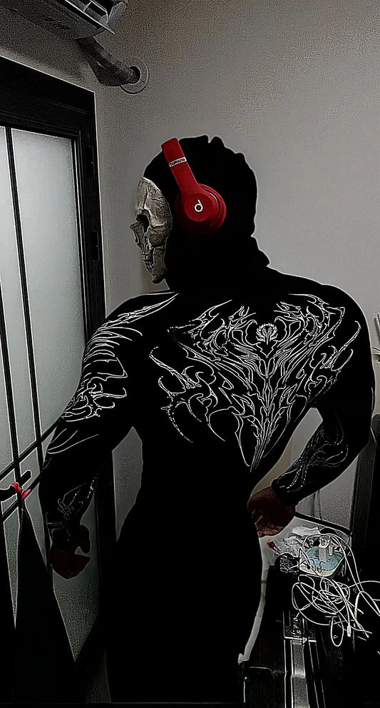 Men's High Neck Long Sleeved T-shirt With Gothic Abstract Pattern Printed Motorcycle Cyberpunk Style Street Long Sleeved T-shirt