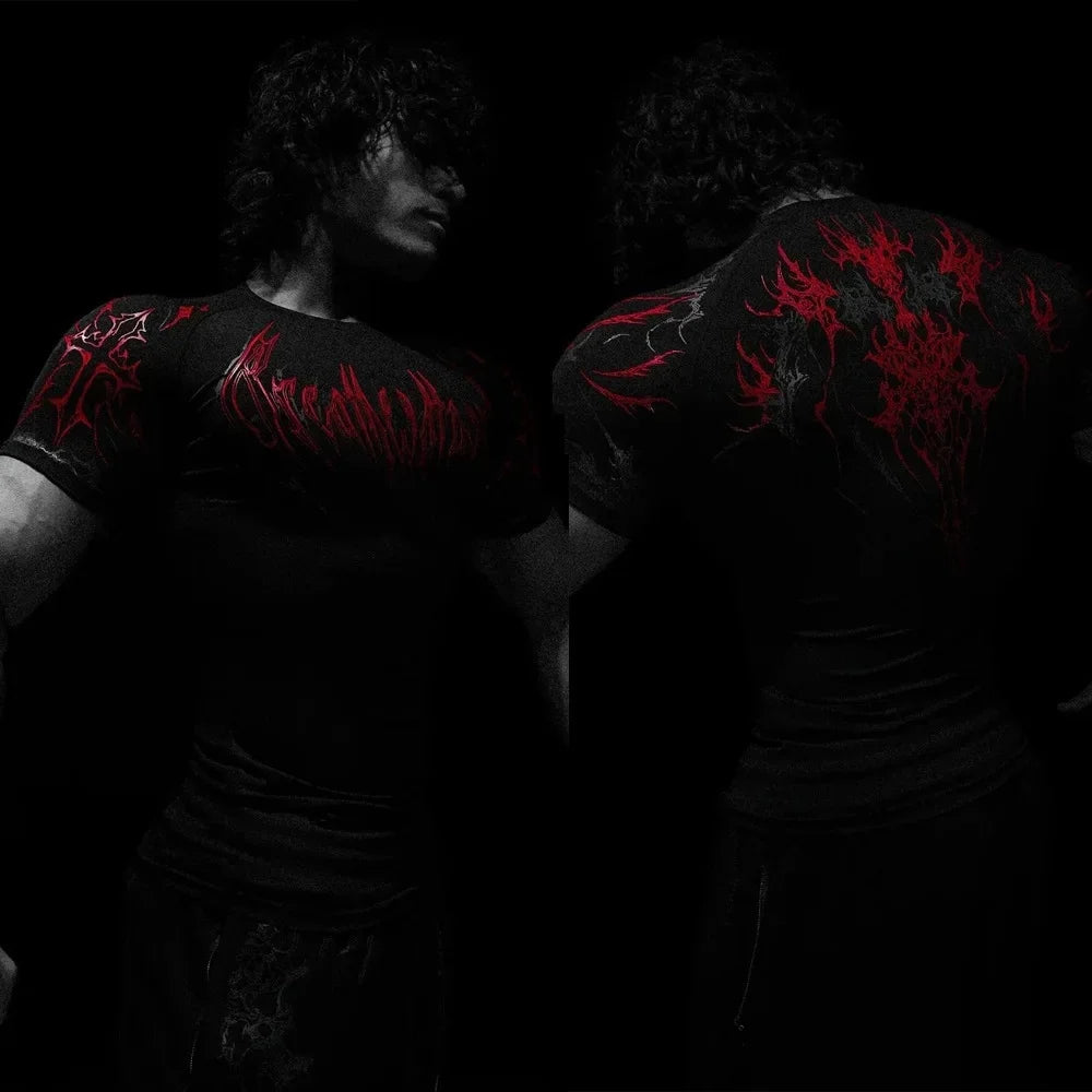 Breathedivinity American Style Fitness Men's T-shirt Quick Dry Elastic Body Suit Dark Style Sportswear Breathable Summer Top