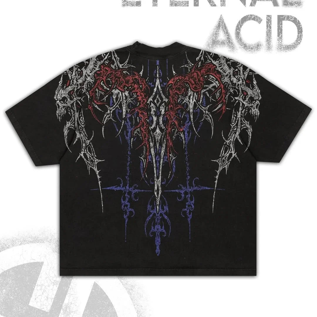 Gothic Cyberpunk T Shirt Haunting Shadows Dark Fantasy Art Print Oversized Boxy Crop Top in Thick Cotton Unisex Streetwear