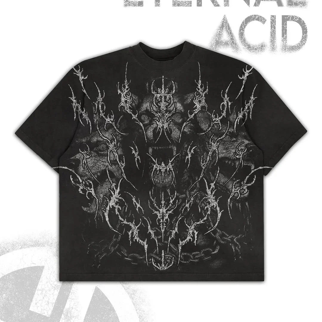 Gothic Cyberpunk T Shirt Haunting Shadows Dark Fantasy Art Print Oversized Boxy Crop Top in Thick Cotton Unisex Streetwear