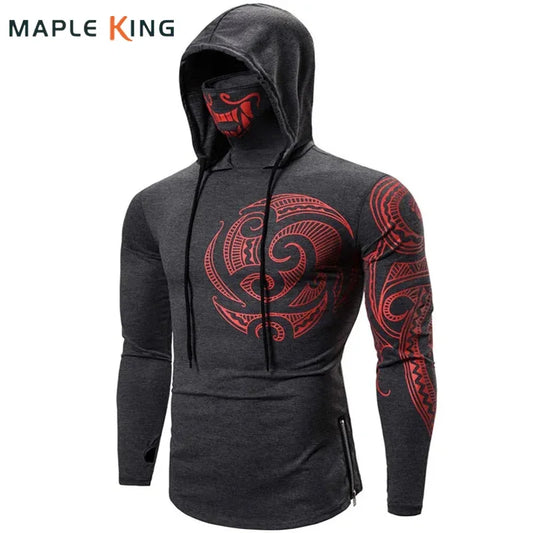 Men Trend With Mask Hood Sweatshirt Elastic Fitness Tattoo Print Hooded Sweat Homme Mens Hip Hop Sudadera Ninja Suit Streetwear