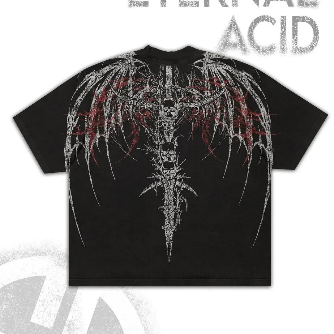 Gothic Cyberpunk T Shirt Haunting Shadows Dark Fantasy Art Print Oversized Boxy Crop Top in Thick Cotton Unisex Streetwear