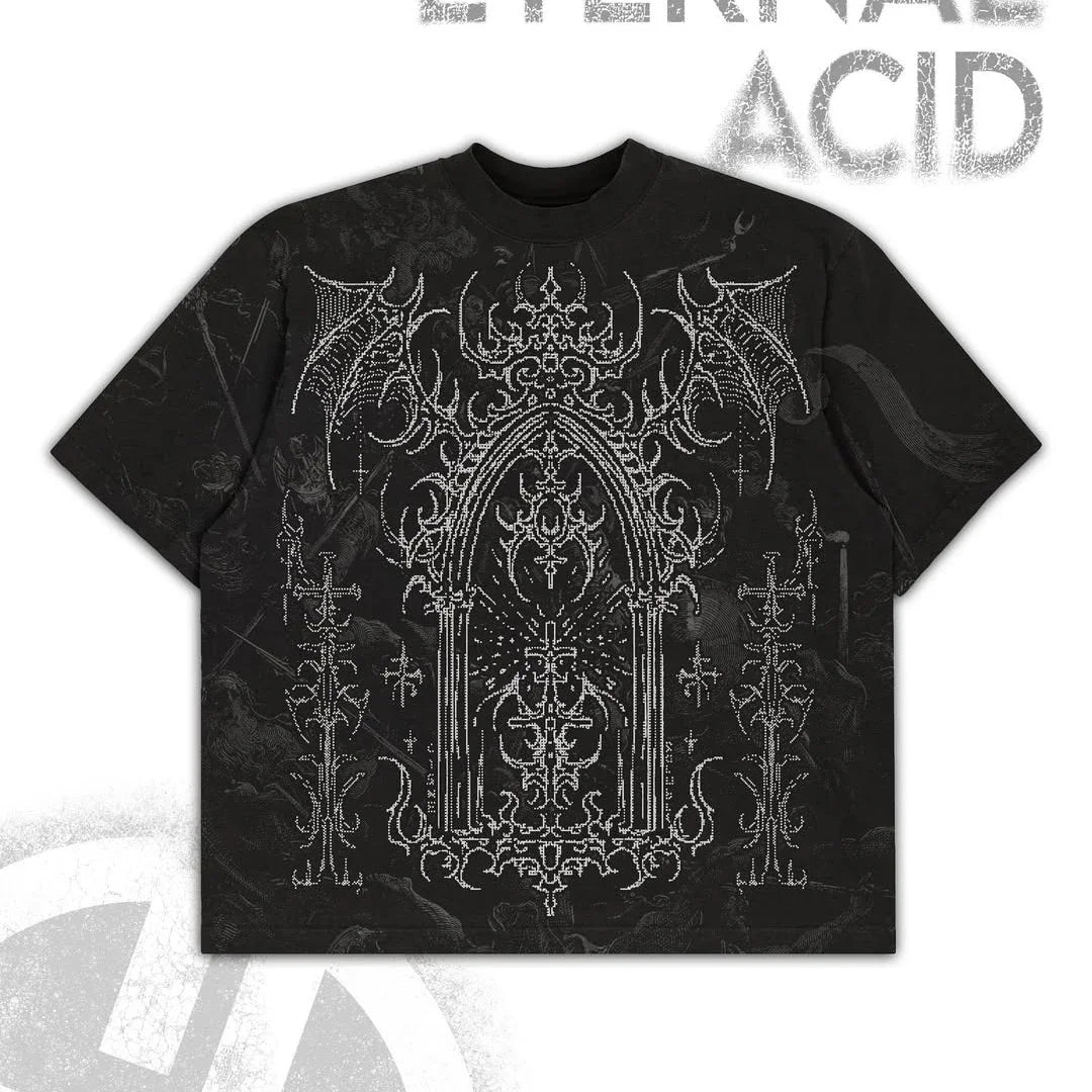 Gothic Cyberpunk T Shirt Haunting Shadows Dark Fantasy Art Print Oversized Boxy Crop Top in Thick Cotton Unisex Streetwear